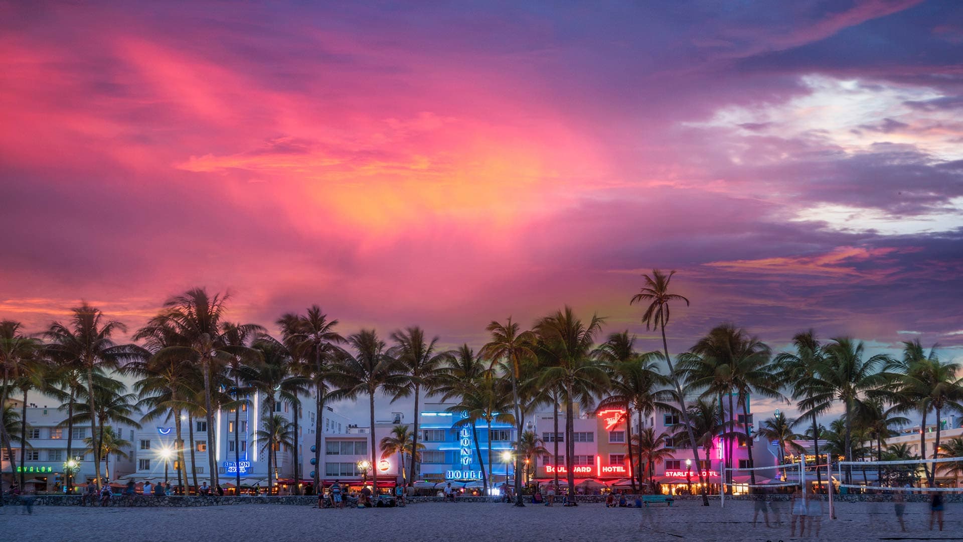 A sunset with pretty sky over Miami street with palm trees