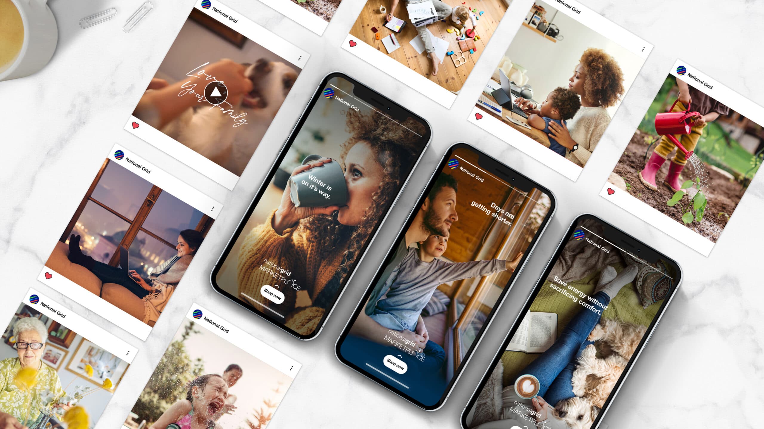 A collection of social media ads on various smart phones and devices