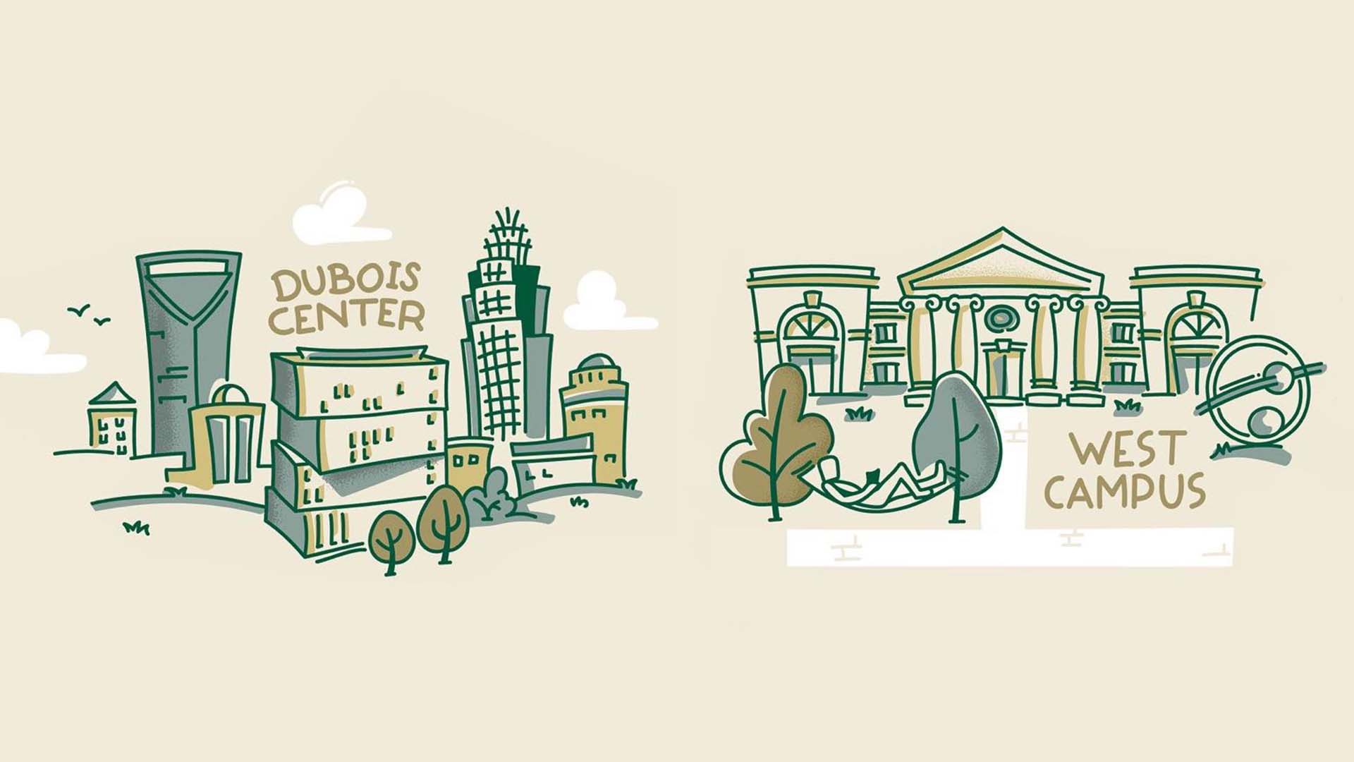 A detail of the UNC Charlotte Mural featuring West Campus and the Dubois Center