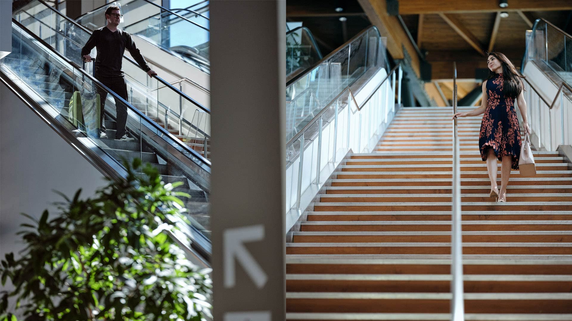 A man and woman look across stairways in the airport and they are descending.