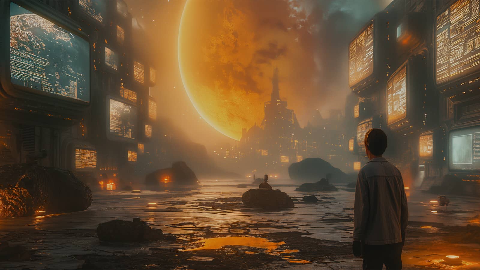 An AI image of a planet in ruins as a person looks on