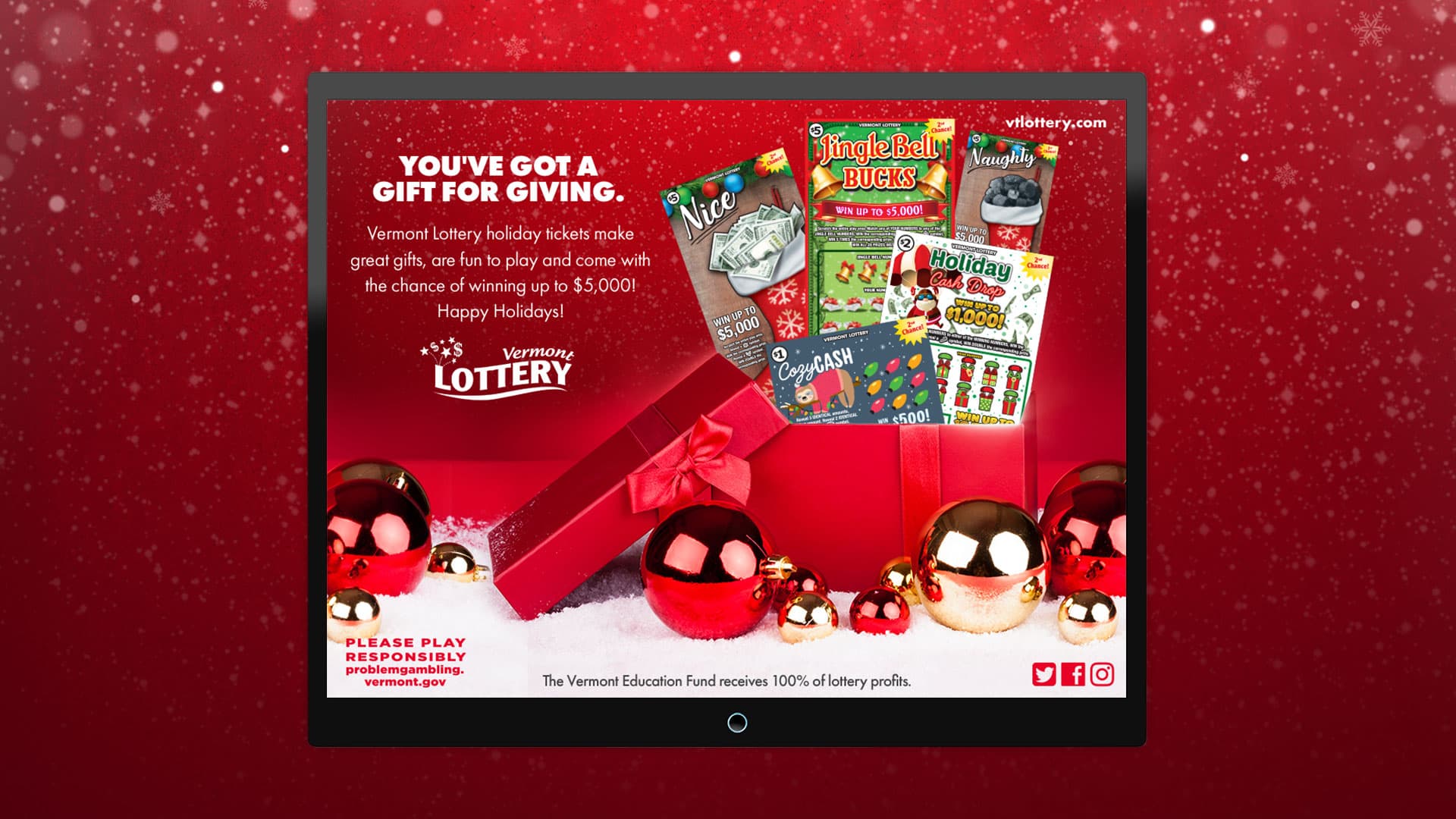 A holiday advertisement for Vermont Lottery