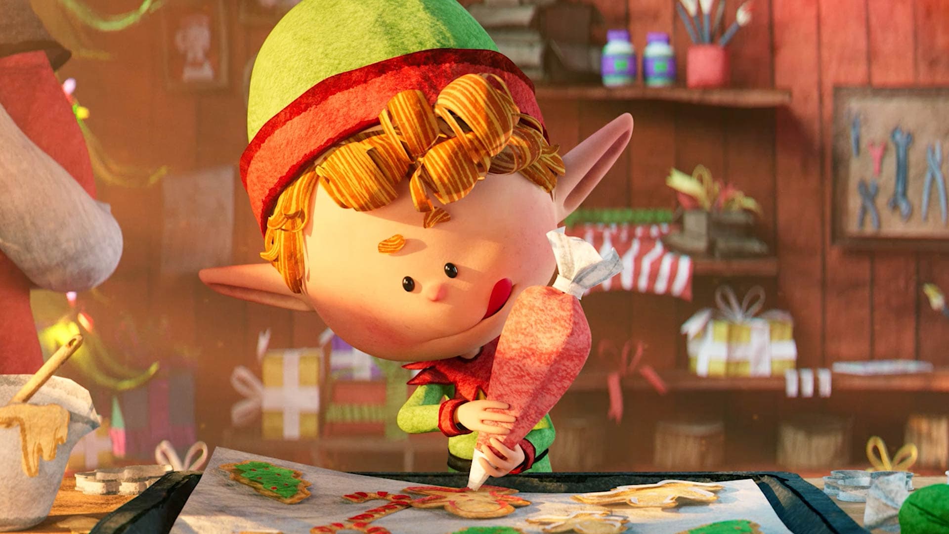 A cartoon elf decorating cookies.