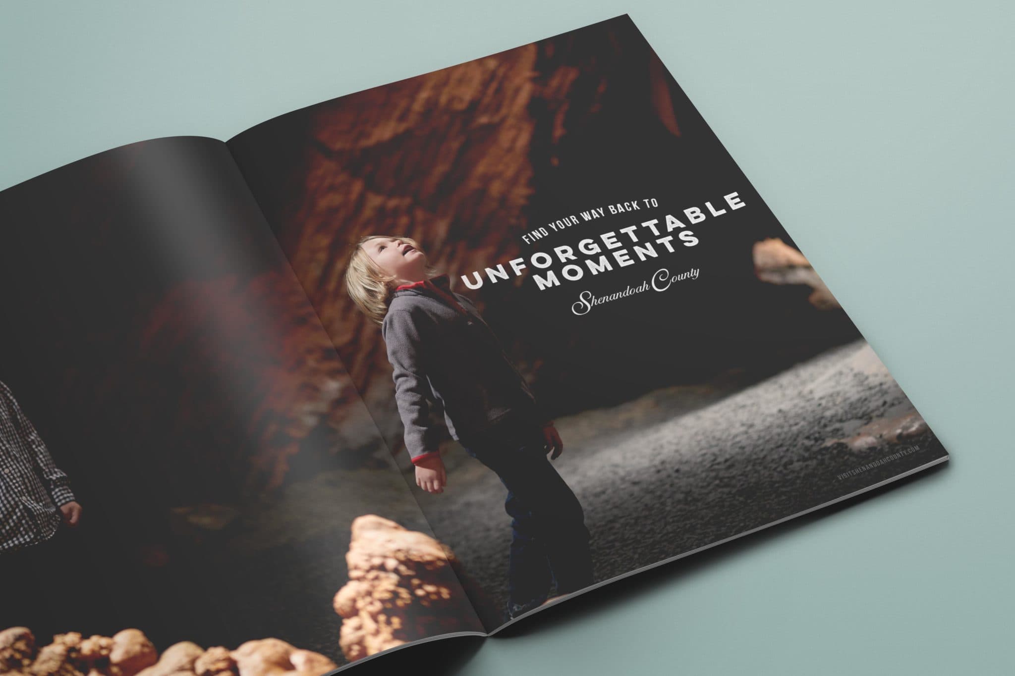 A print ad featuring a boy walking through the natural beauty of Shenandoah.