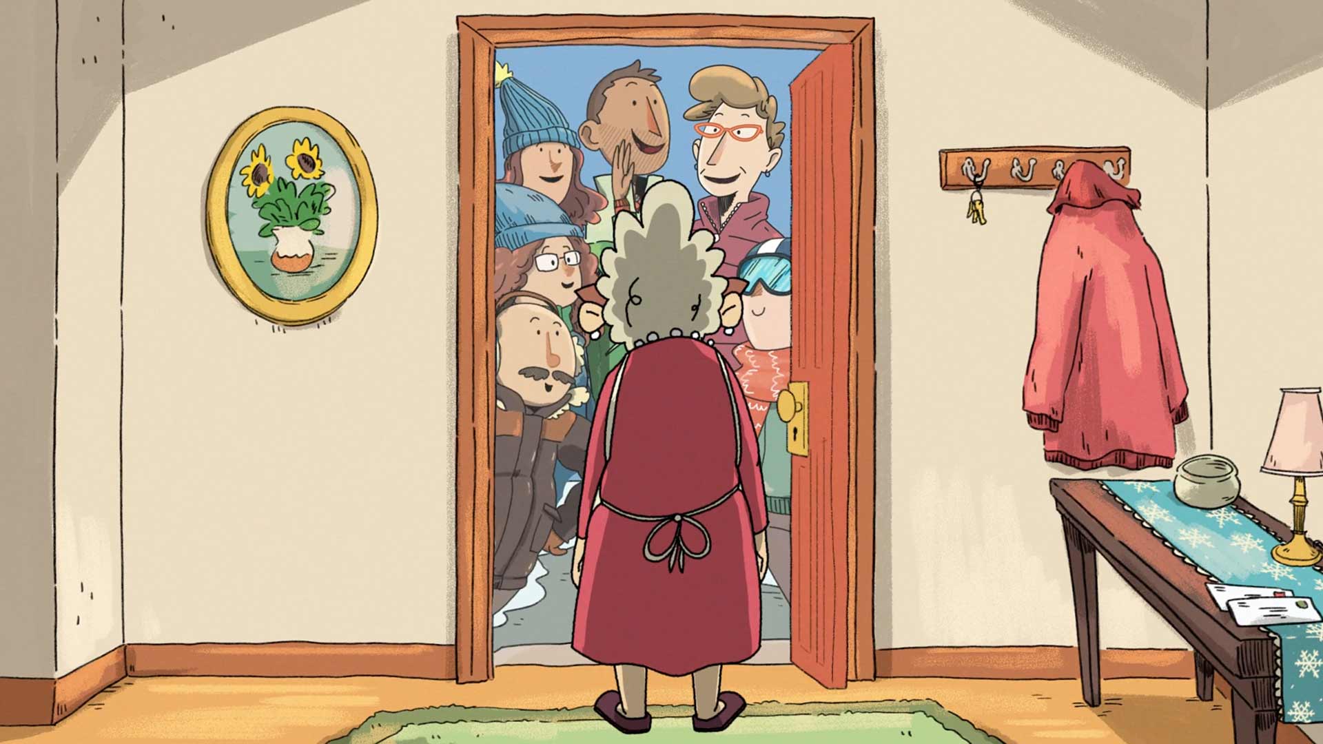 A cartoon showing people coming to the door of a house