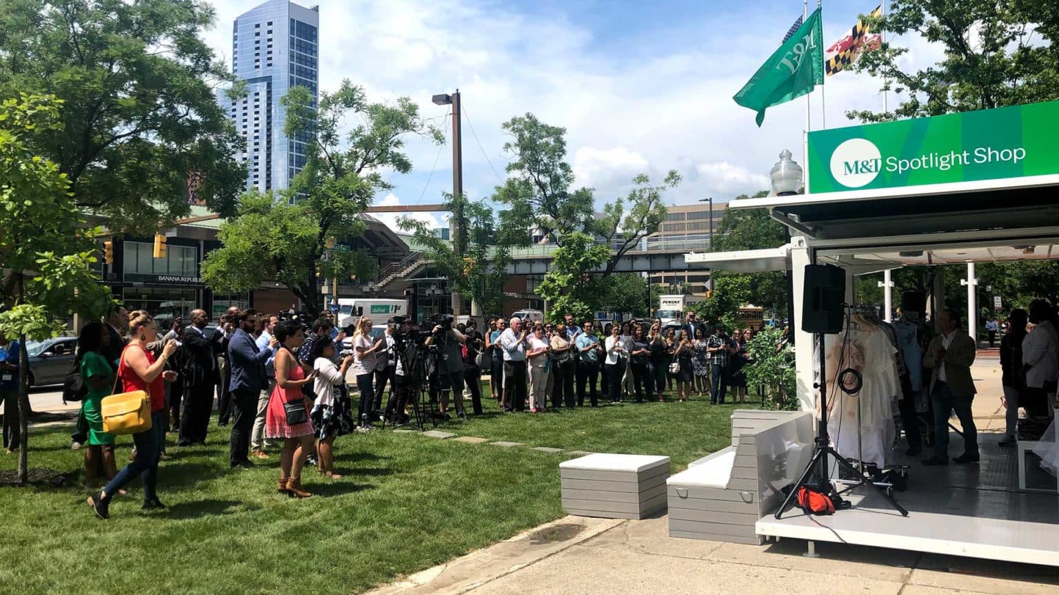 A crowd gathered around the M&T Spotlight Shop.