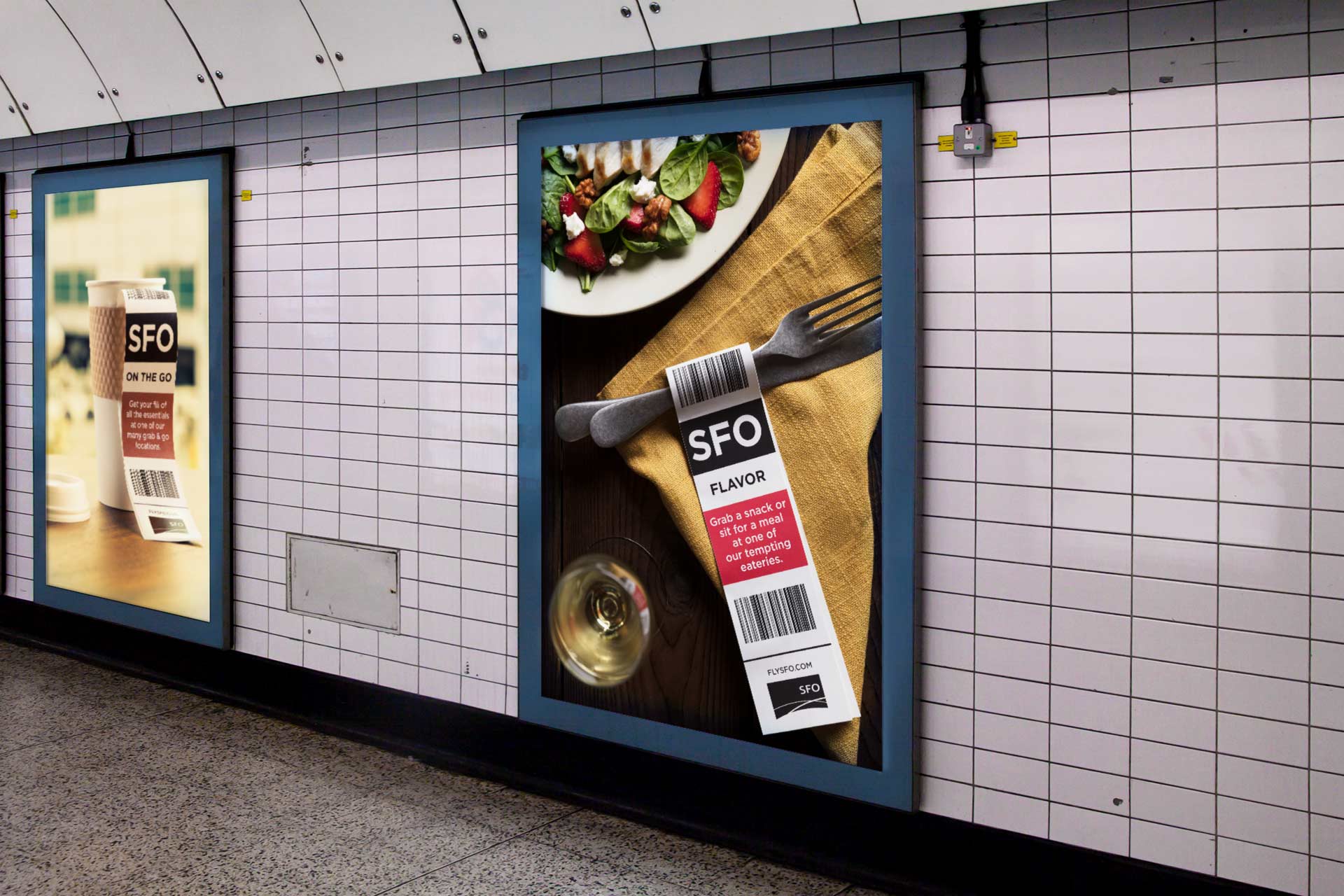 Out-of-home placement. Fork on a dinner table with checked bag tag displaying headline.