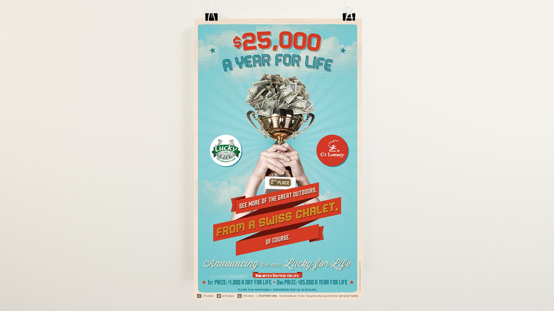 A poster showing a hand holding a trophy to advertise Win for Life Connecticut Lottery