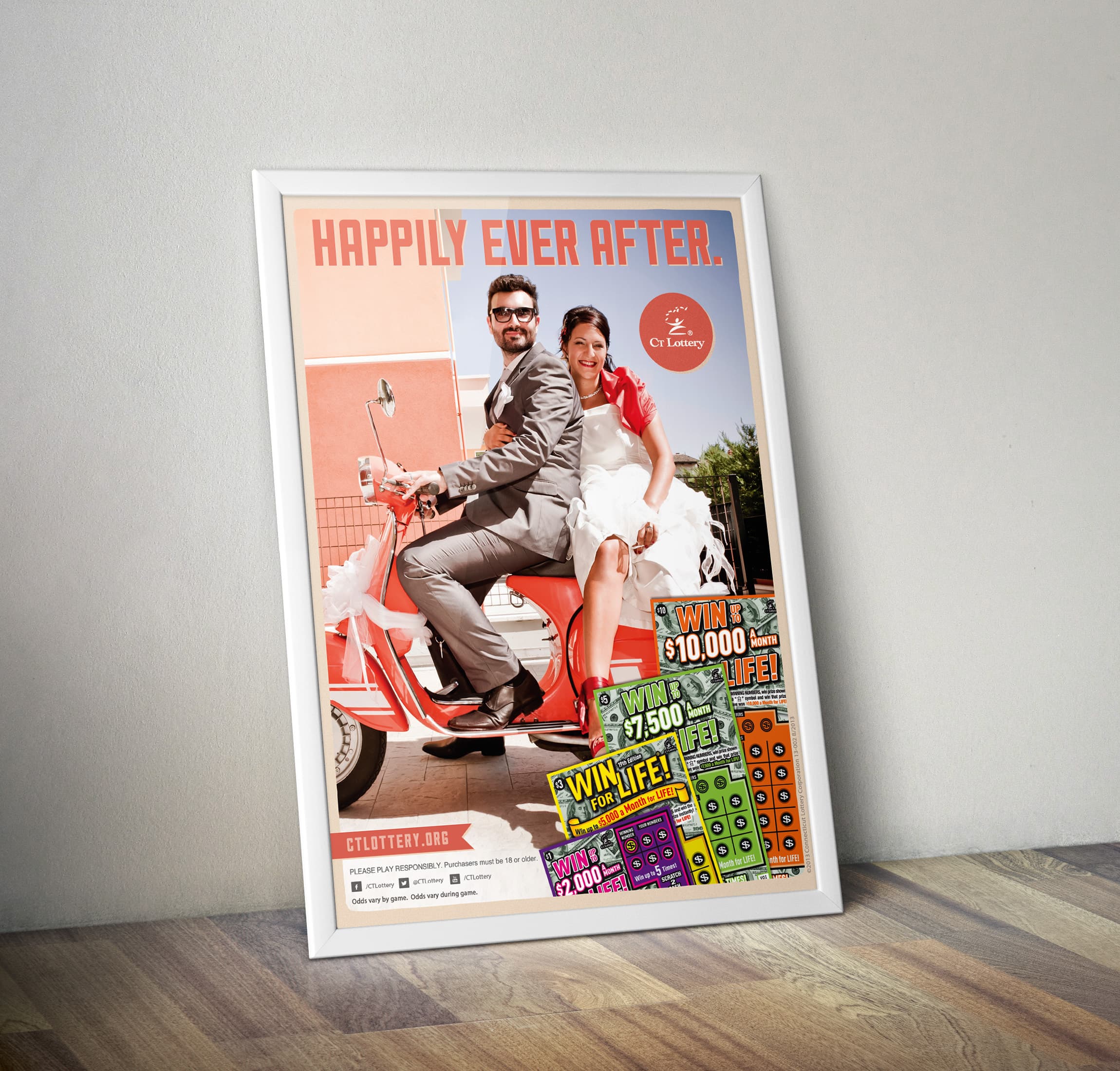 A poster showing 2 people just married on a scooter advertising Win for Life Connecticut Lottery