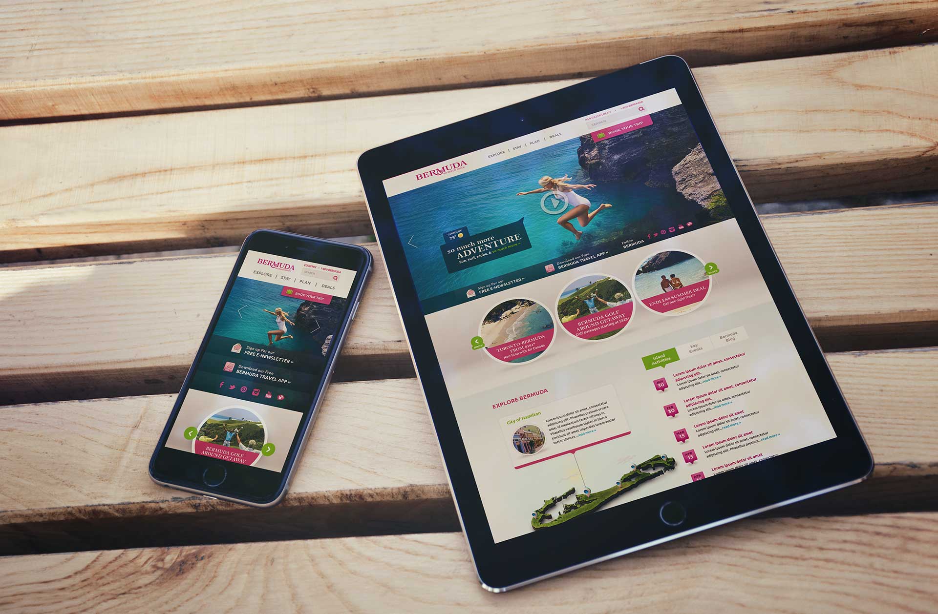 The Bermuda website up on a phone and tablet