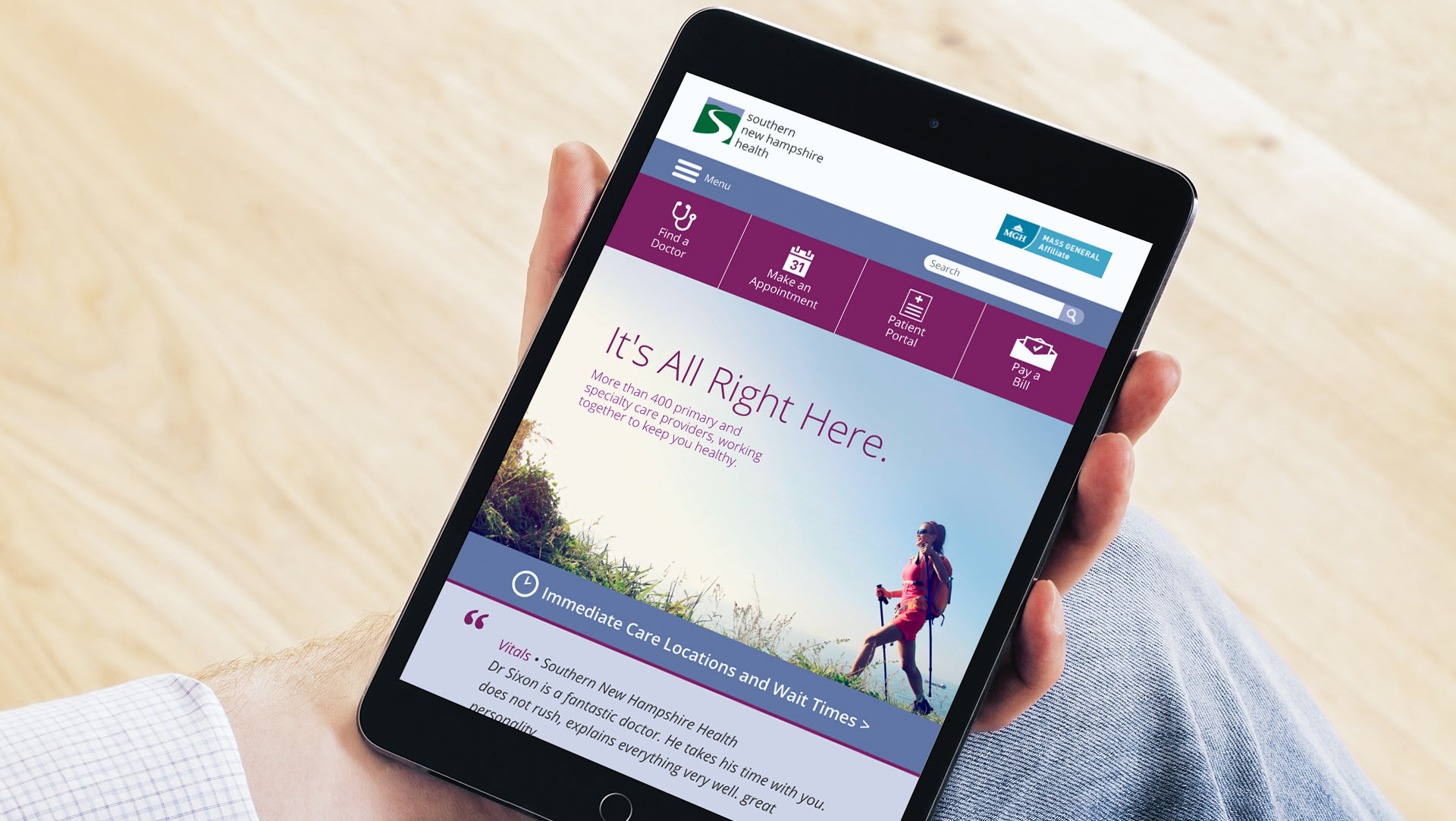 A tablet with Southern New Hampshire Healthcare website