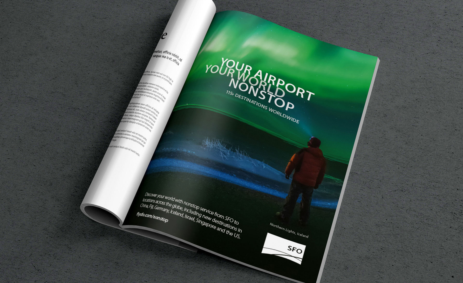 SFO magazine ad: Your Airport, Your World. Nonstop. 115+ Destinations Worldwide.