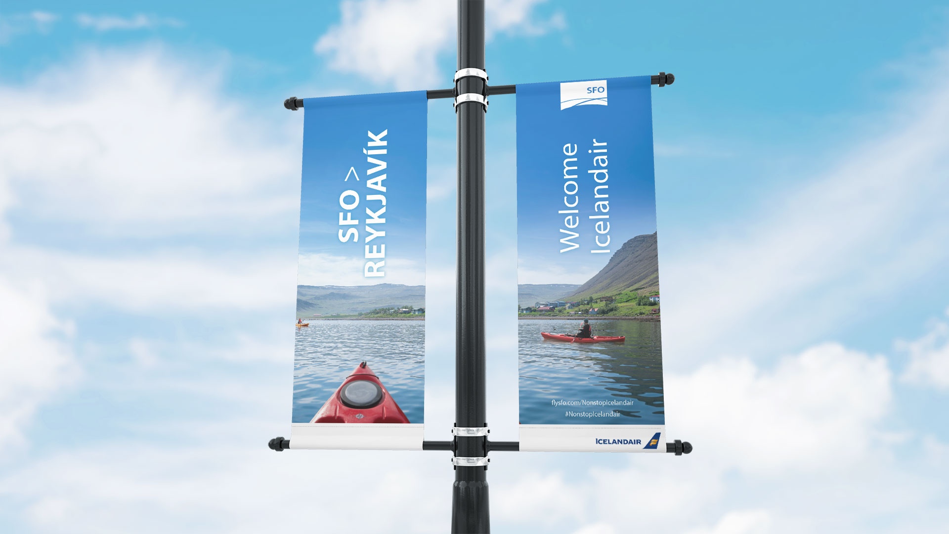 SFO lampost banner: SFO to Reyjavik. Welcome Icelandair.