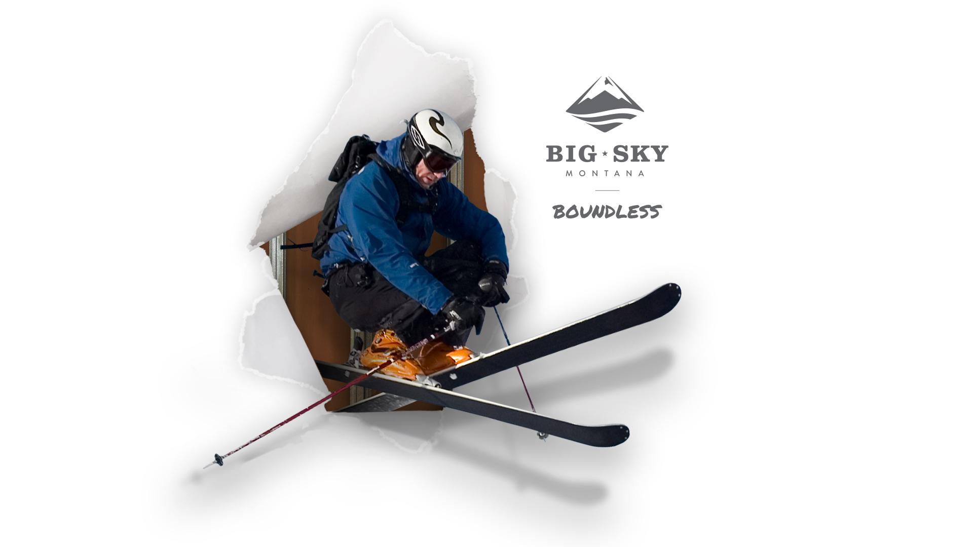 Bigsky logo and tagline next to a pro skier bursting through white paper