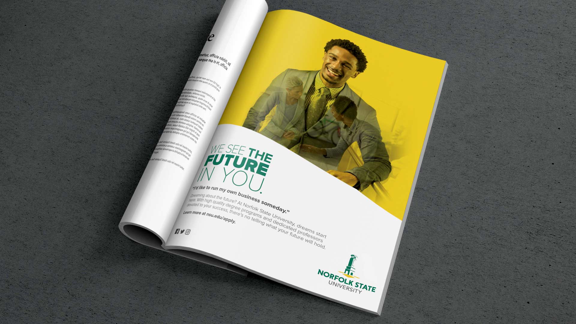 Norfolk State University print magazine ad: We See The Future In You.
